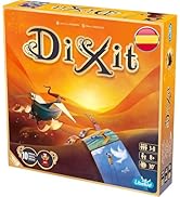 Caja de juego de mesa para «Dixit» que muestra coloridas obras de arte con un cielo naranja al atardecer. Varias fotos de productos que muestran diferentes ángulos de la caja del juego.