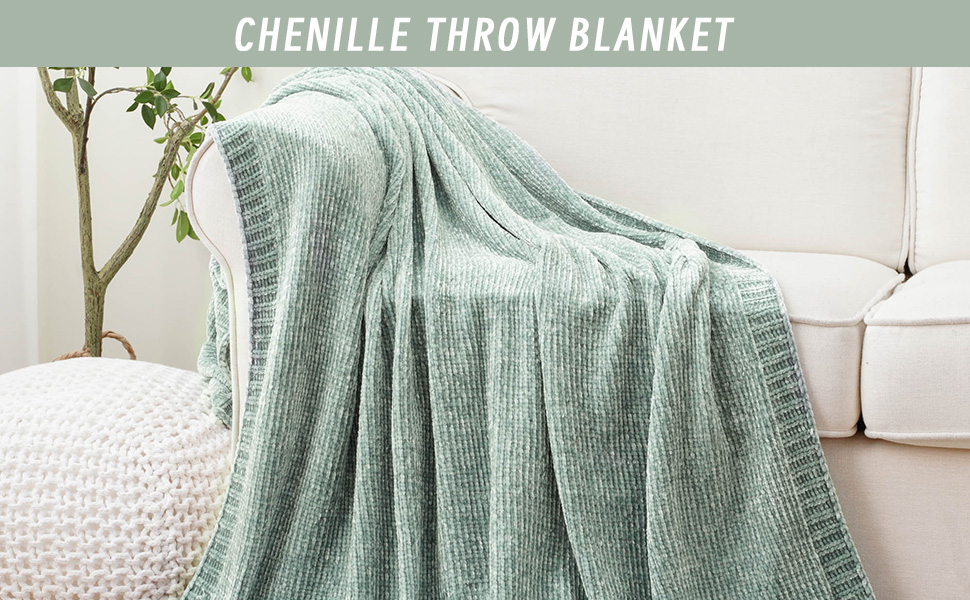 BATTILO HOME Sage Green Chenille Throw Blanket for Couch Sofa Chair Bed