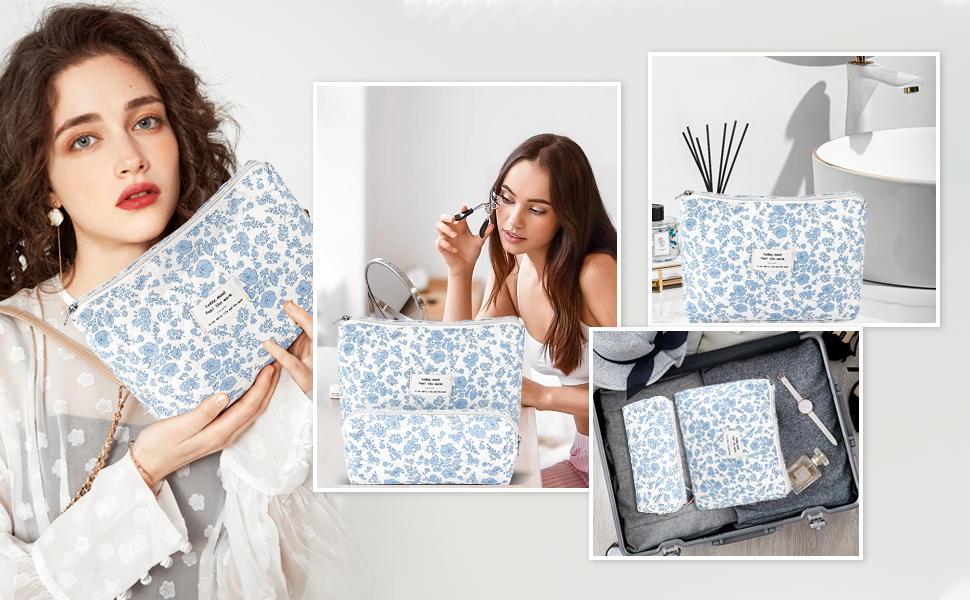 blue quilted makeup bag