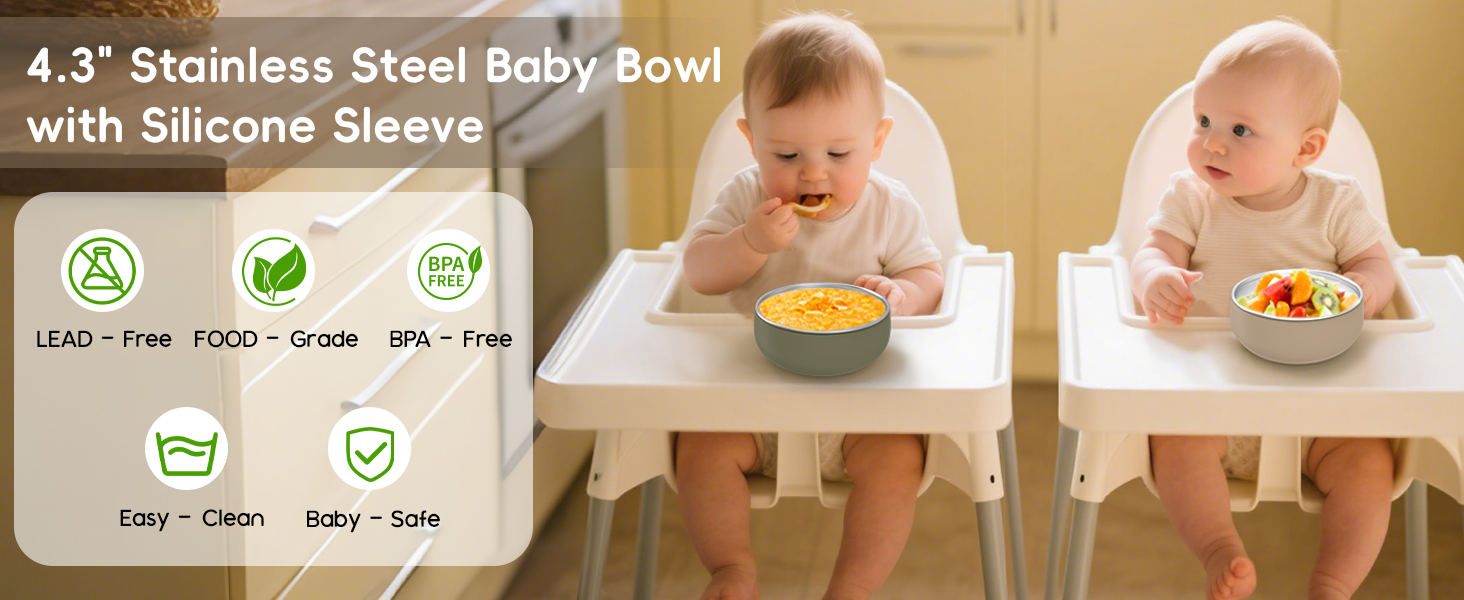 4.3 inches baby stainless steel bowl with silicone sleeve, Lead free, BPA free, Easy clean