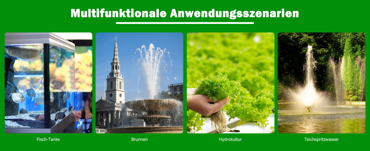 Vier Bilder, die Wasserspiele zeigen: einen verglasten Wasserfall, einen Stadtbrunnen, einen Gartensprinkler und einen Waldwasserfall. Auf Deutsch als „Multifunktionale Anwendungsszenarien“ bezeichnet