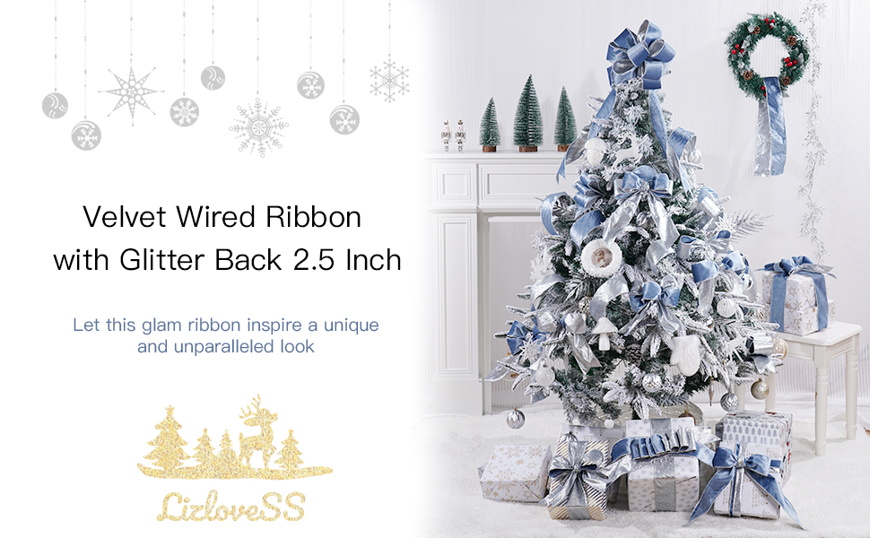 LIZLOVESS Dusty Blue Velvet Wired Ribbon with Glitter Back