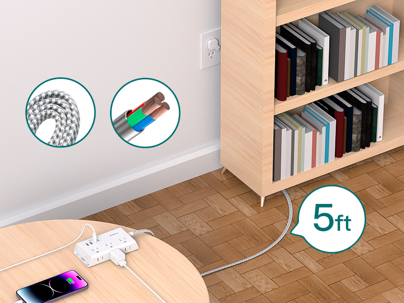 Flat Plug Power Bar, 5ft Ultra Flat Extension Cord 6 Outlets 4 USB Ports (2 USB C) Desktop