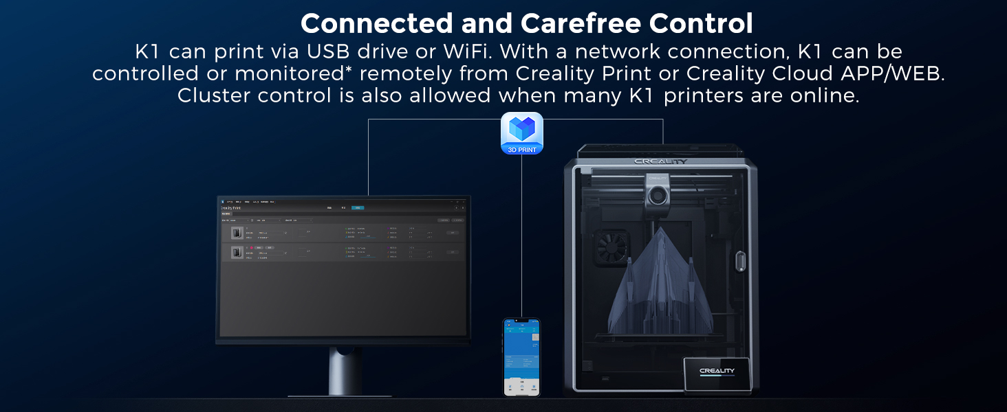 Creality K1 3D Printer with Auto Leveling 600mm/s Printing Speed 2000mm/s² Acceleration, 300℃ High-Temp 32mm³/s Flow Hotend Dual-Gear Direct Extruder Build Volume 8.66x8.66x9.84 inch 16 connect K1