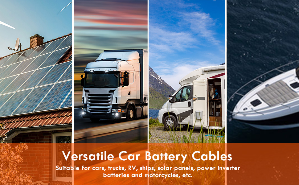 Composite image showcasing versatile car battery cables: solar panels on roof, semi-truck on highway, RV by mountain lake, and boat hull. Orange banner lists compatible vehicles and equipment.