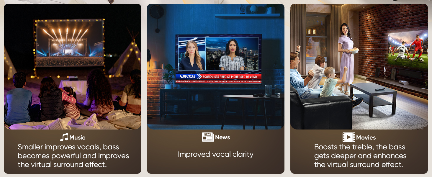 Composite of three TV scenes: concert, news broadcast, and living room. Each panel showcases improved audio features for enhanced viewing experiences in different scenarios.