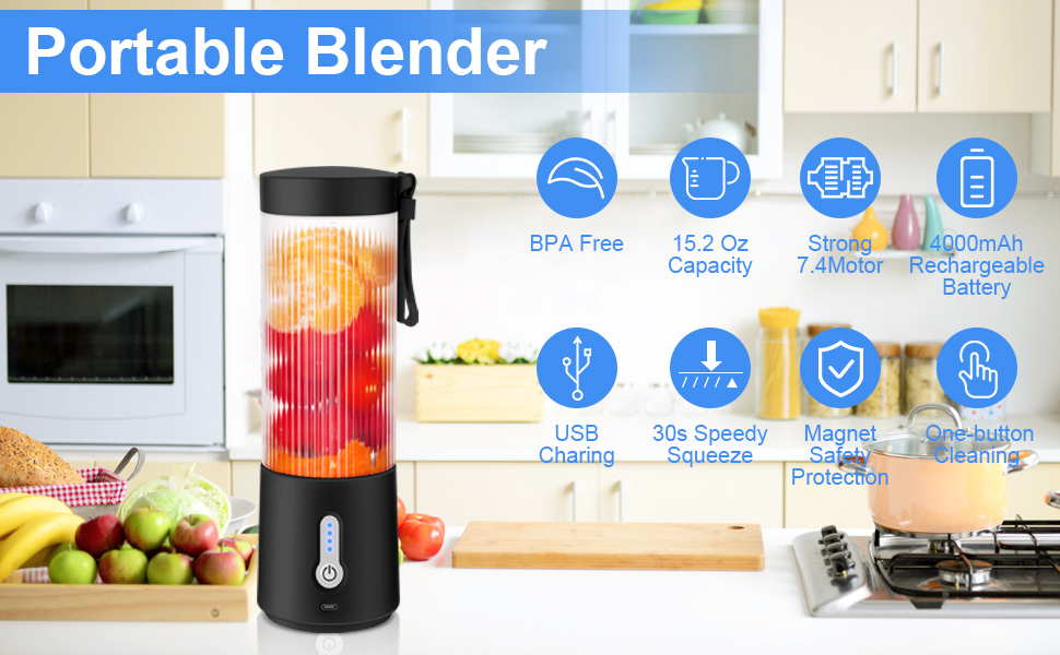 ALLNAMEE Portable Personal Blender, 15.2Oz USB Rechargeable Portable