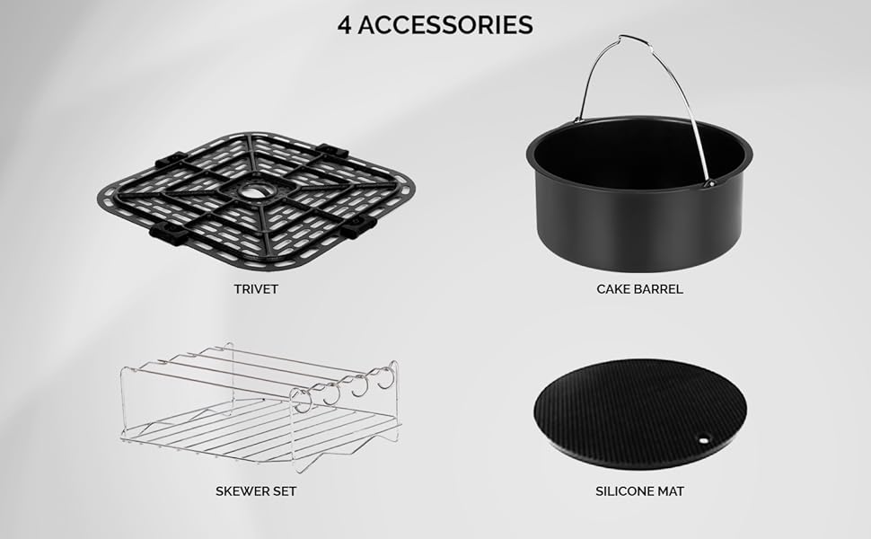 Four Accessories, Trivet, cake barrel, skewer set, silicone mat