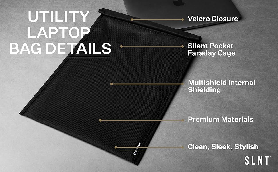 SLNT laptop faraday bag velcro internal shielding clean sleek modern