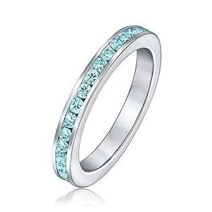 Aqua Blue Cubic Zirconia Stackable CZ Channel Set Eternity Band Ring For Women Simulated Aquamarine