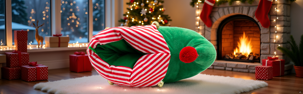 A cozy fireplace with stockings hung and a Christmas tree in the background, creating a warm and fes