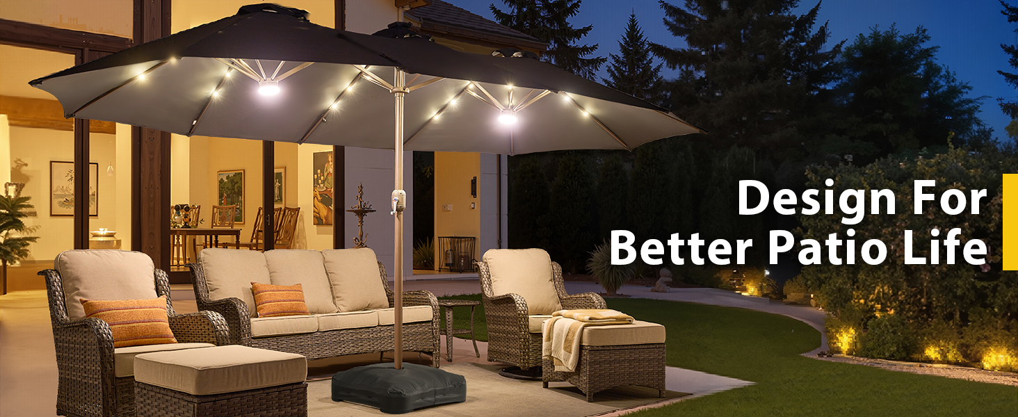Outdoor patio umbrella with solar lights night