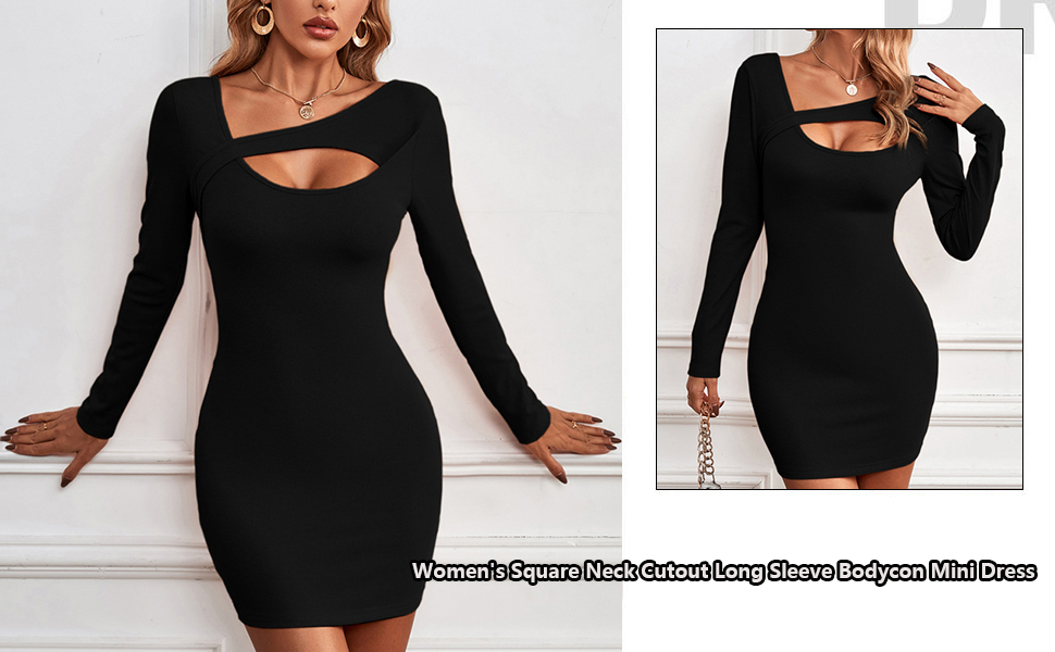 Amazon.com: Women's Square Neck Cutout Long Sleeve Bodycon
