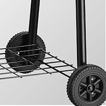 Close-up of wheeled cart base with black wheels and metal grid platform. A circular component is attached to the frame.