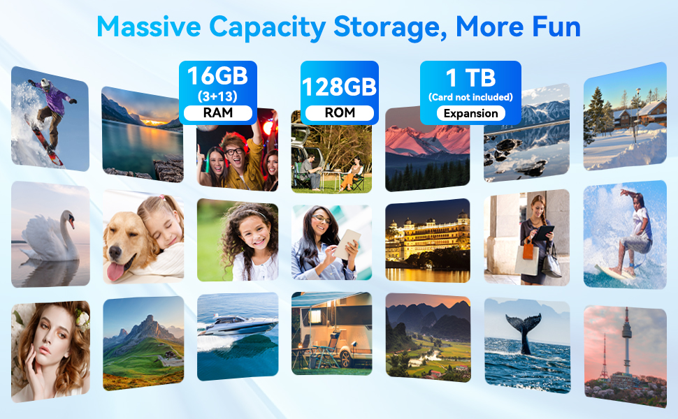 Text reads 'Massive Capacity Storage, More Fun' with storage capacity indicators '16GB', '128GB', '1TB'. Grid of photo thumbnails showing landscapes, nature scenes, and various activities.