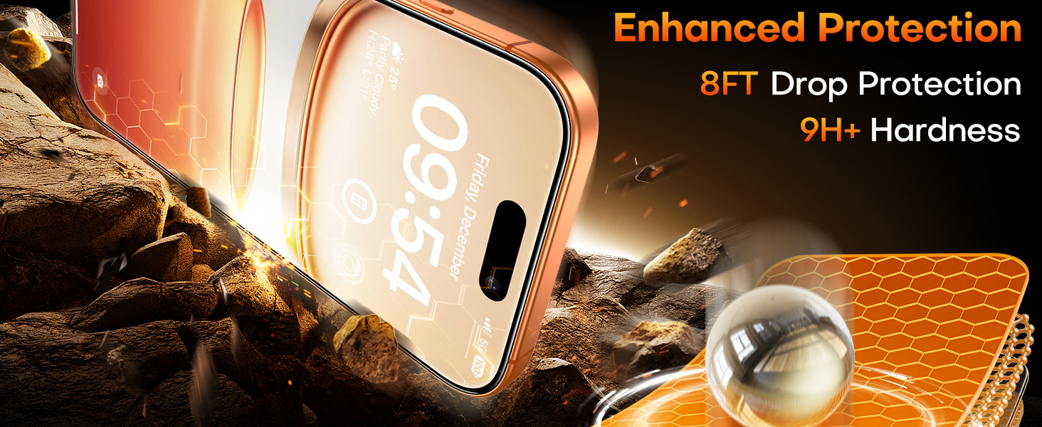 Text reads: 'Enhanced Protection', '8FT Drop Protection', '9H+ Hardness'. Product demonstration showing phone screen protector durability features in orange-tinted lighting.