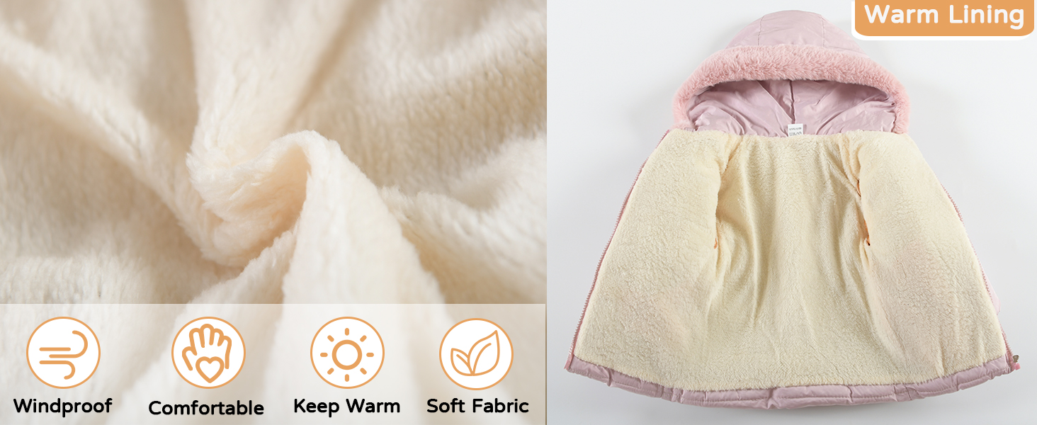 Baby Kids Girls Fleece Coats Winter Padded Puffer Jacket with Hooded Zipper Snow Outerwear