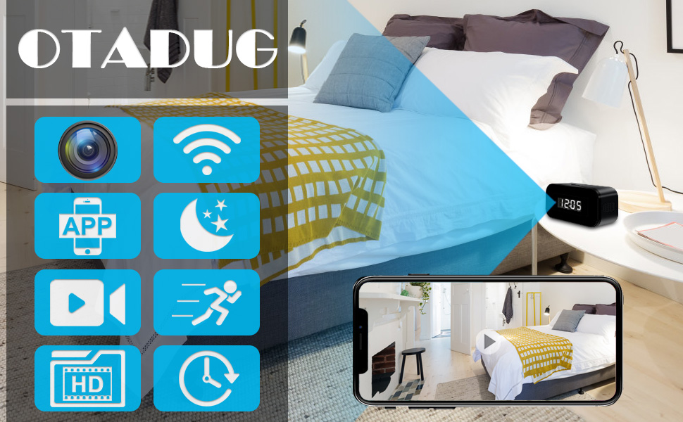 OTADUG Spy Camera, WIFI 1080P HD Mini Hidden Home Clock Spy Camera