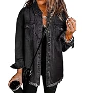 Weinexra Denim Jacket for Women Oversized Boyfriend Jean Jacket Button Up Frayed Hem Shacket Dist...