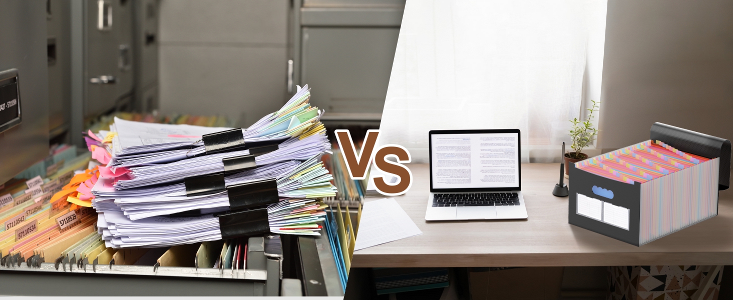 Comparaison entre des fichiers papier encombrés à gauche et des fichiers numériques organisés sur un ordinateur portable et dans la boîte de classement à droite, séparés par du texte « VS ».
