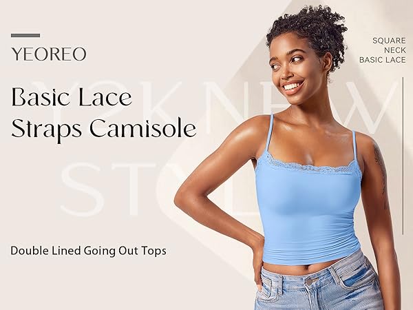 YEOREO Women Lace Cami Y2K Square Neck Double Lined Sexy