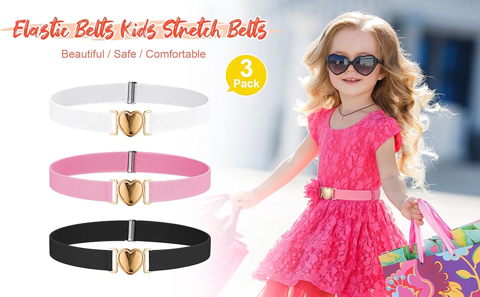 Firtink 3Pack Girls Elastic Belts, Adjustable Stretch Belts with Heart Buckle for Boys Girls