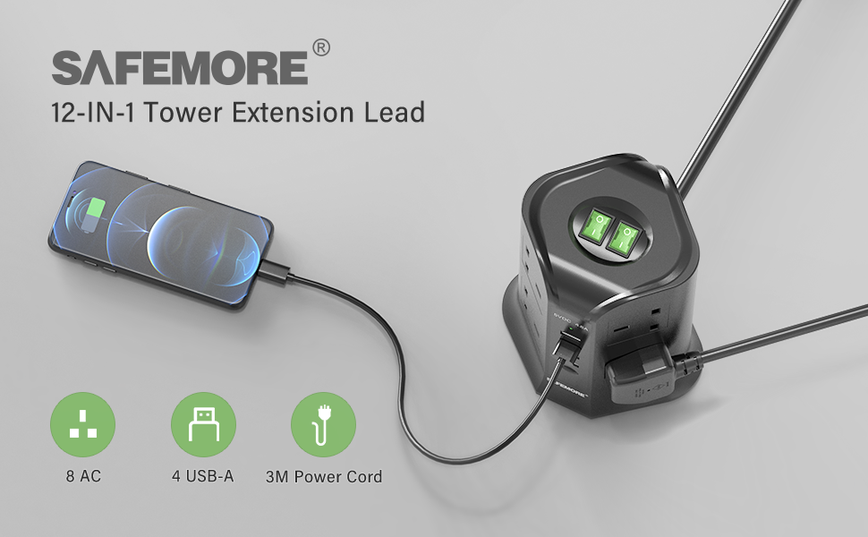 SAFEMORE Tower Extension Lead with 4 USB Ports (5V, 4.8A) 8 Gang Surge