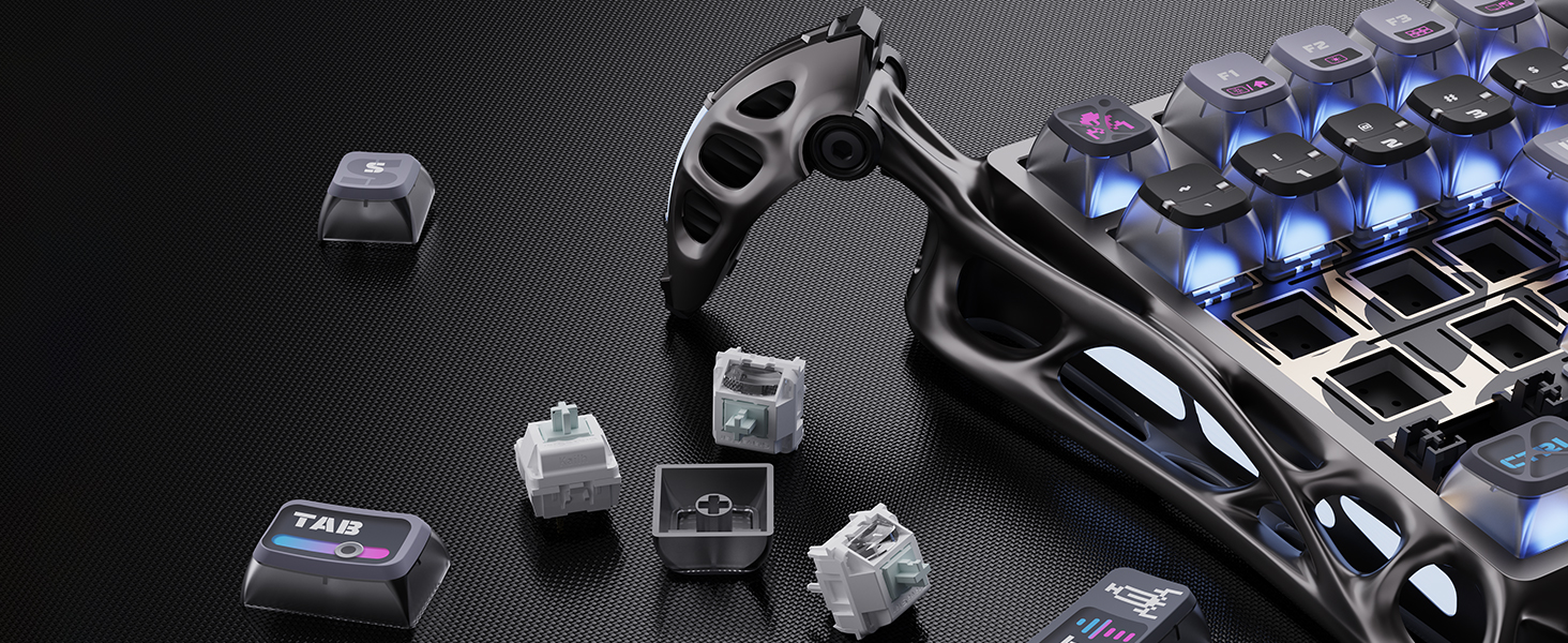 with hot-swappable Kailh mechanical switches and removable cyberpunk-style keycaps.