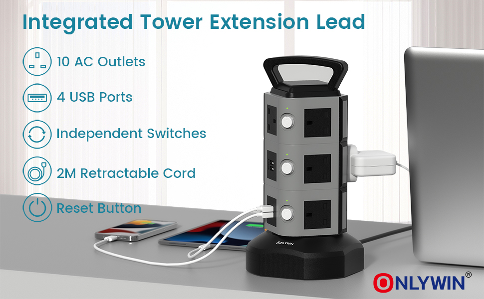 Tower Extension Lead Surge Protector, ONLYWIN Multi Plug Extension 10