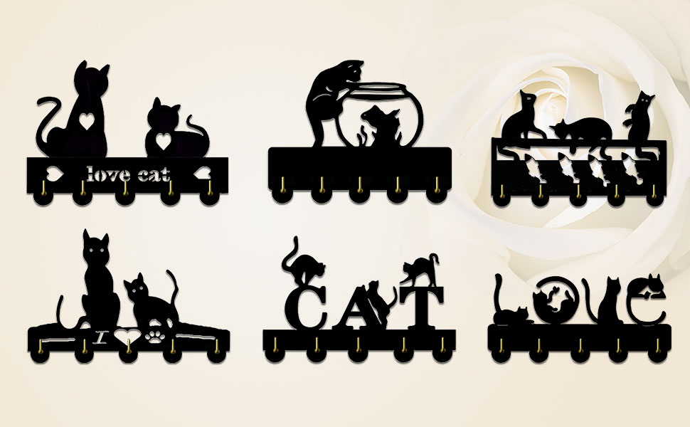 KingLive Cat Key Hooks for Wall,Black Wooden Cat Key Holder