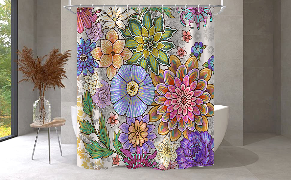 GKLEASG Boho Floral Extra Long Shower Curtain, Colorful Bright Blossom Waterproof