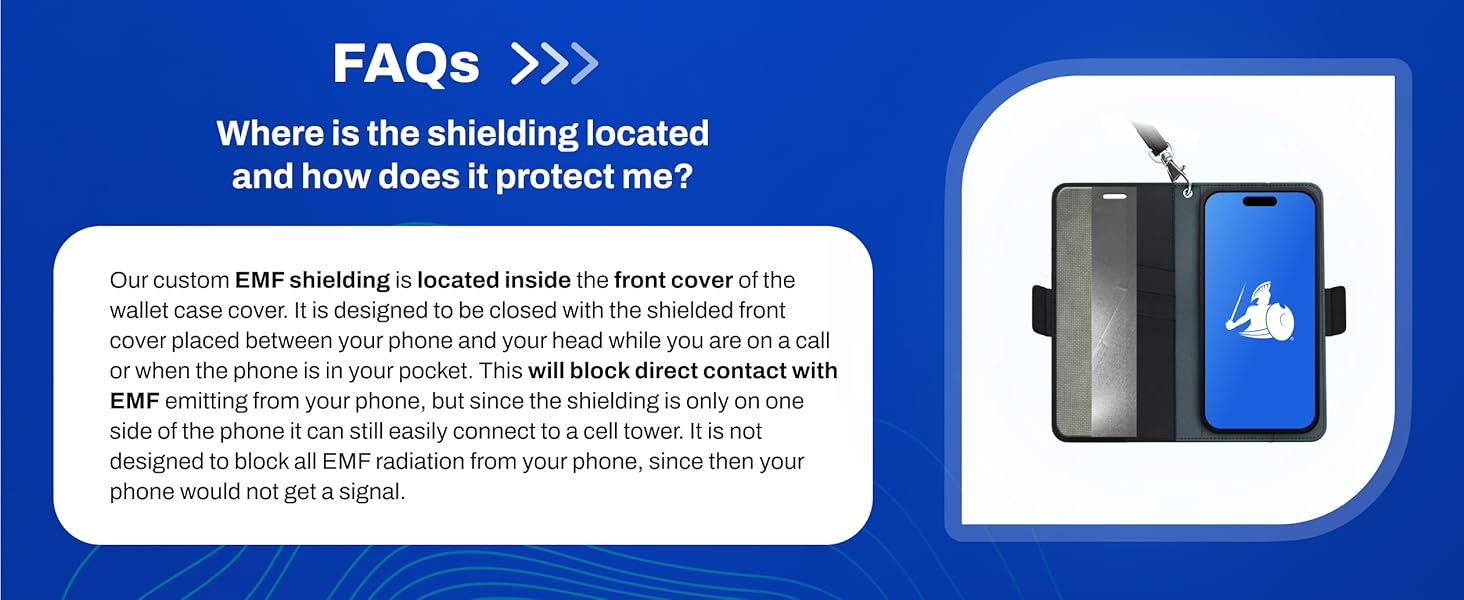  E M F shield case showing front cover protection with shielding between phone and head during calls