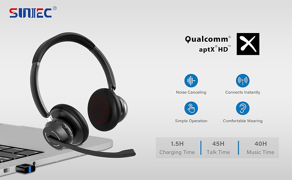 SUNITEC Bluetooth headset with Microphone & USB Dongle Noise Cancelling Wireless