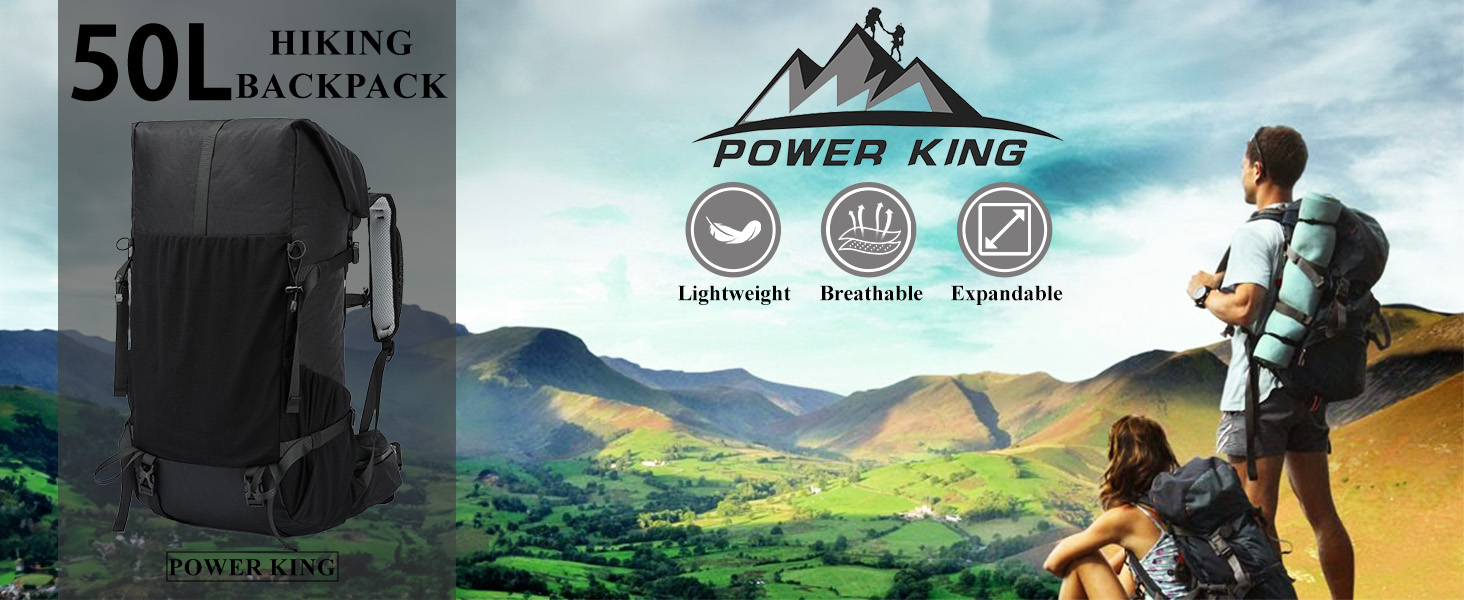 Text reads '50L HIKING BACKPACK' with 'POWER KING' logo. Marketing image shows backpack against mountain landscape with hiker silhouette.