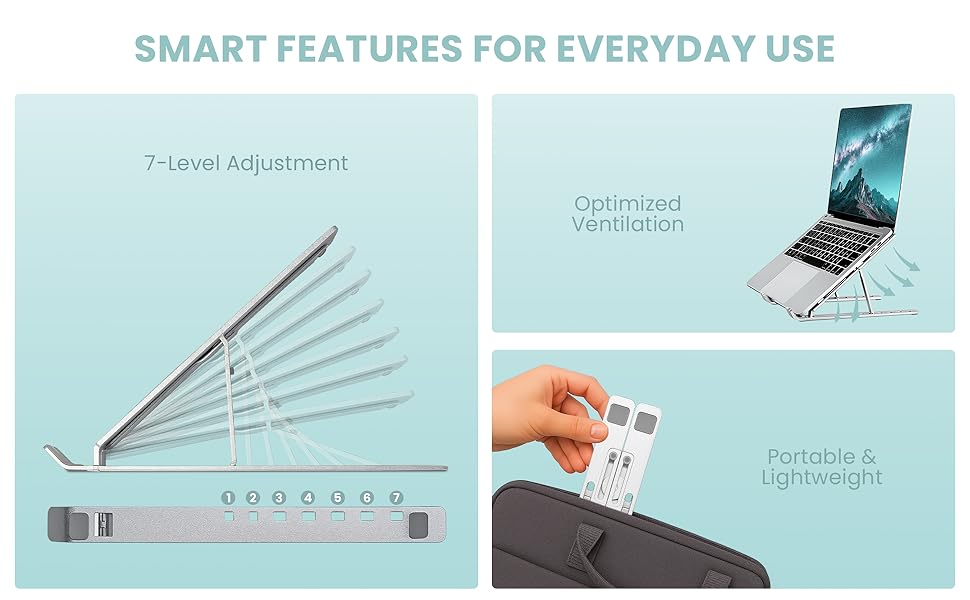 SL-221, 6-Level Adjustable Foldable Aluminum and Silicone Build Laptop Stand, Multi-Size Compatible, Easy Folding for Storage Ergonomic Comfort Works with MacBook, Dell, HP & More (Silver) 21 SALPIDO LAPTOP STAND SL-221