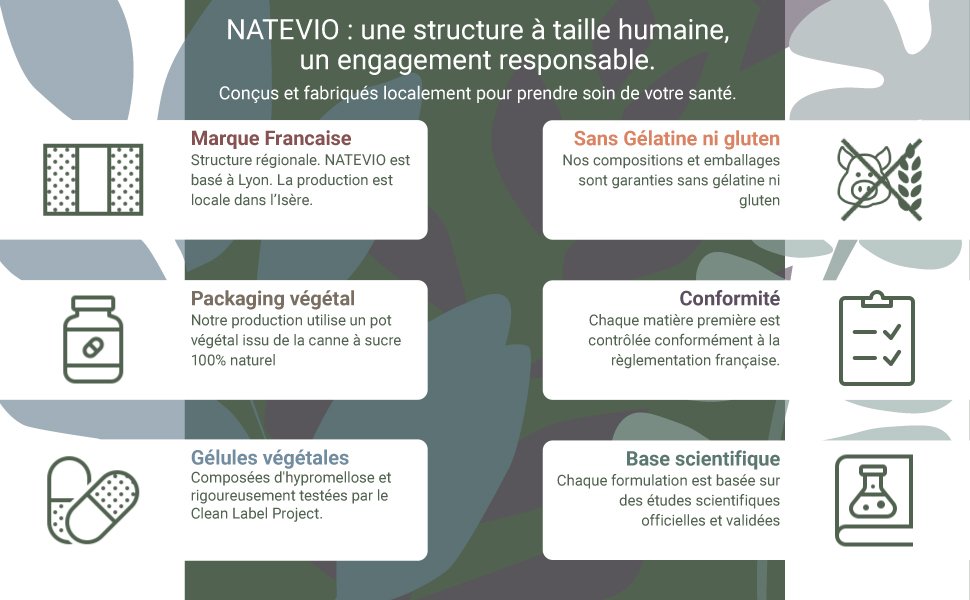 en français présentant les caractéristiques des produits, notamment les ingrédients naturels, les emballages recyclables et la recherche scientifique, avec des icônes simples