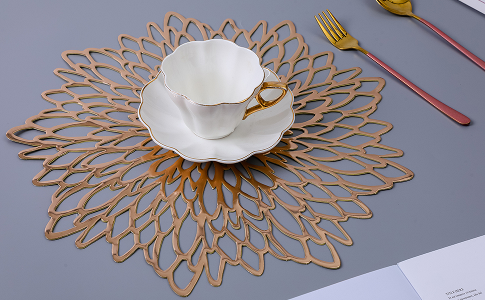 Mangata Gold Placemats and Coaster Sets of 8, Round Table Placemats for