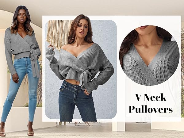 ロドリリオン　LACE LINGERIE V-NECK PULLOVER LANSALIRO Long Sleeve Wrap Sweaters for Women Sexy Deep V