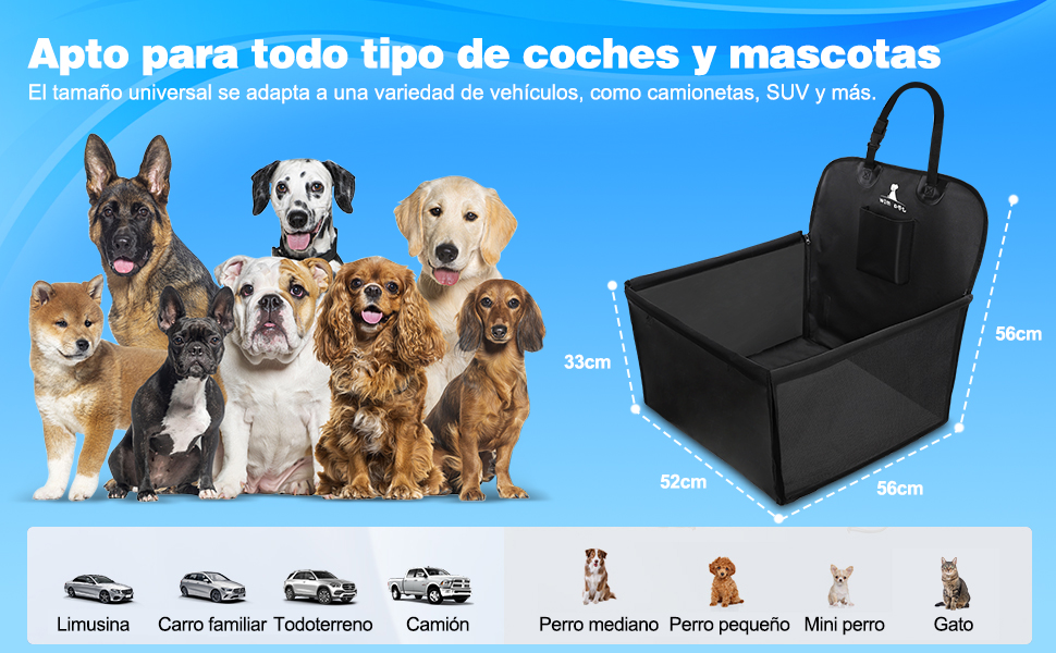para mascotas se anuncia como adecuada para varios vehículos y mascotas. Muestra perros y gatos, con unas dimensiones del producto de 53 cm x