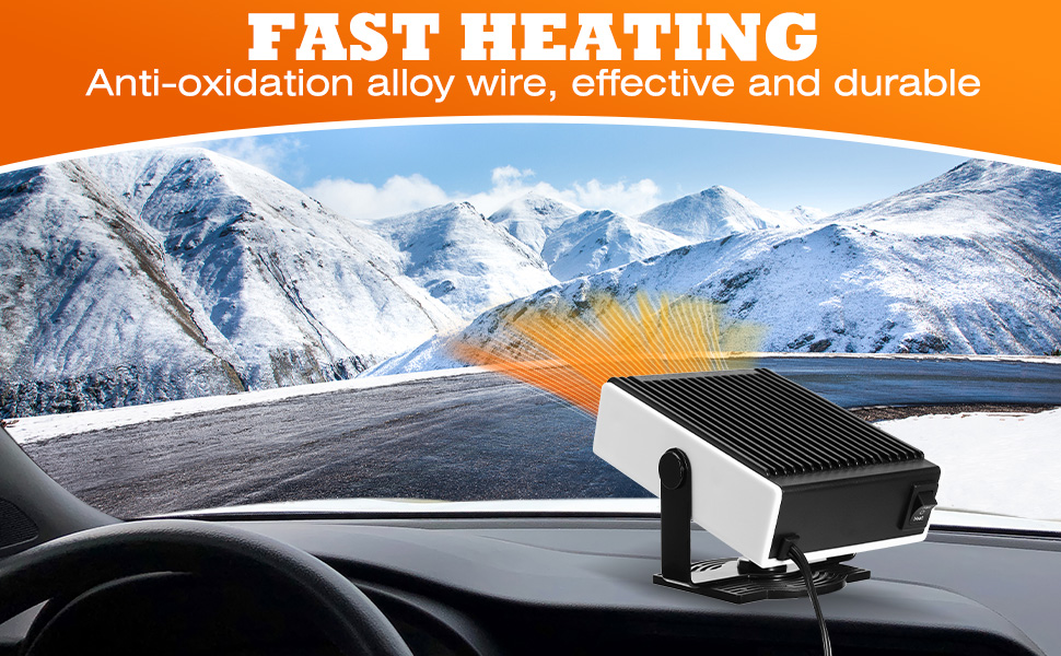 monté sur le tableau de bord de voiture pour un chauffage rapide, doté d'un fil en alliage anti-oxydation. Montré dans une scène de conduite en montagne en hiver avec un paysage enneigé visible à travers le pare-brise