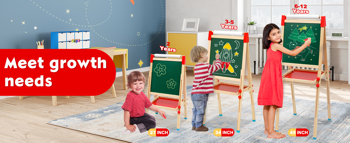 Kid Easel with Paper Roller DoubleSided Whiteboard & Chalkboard
