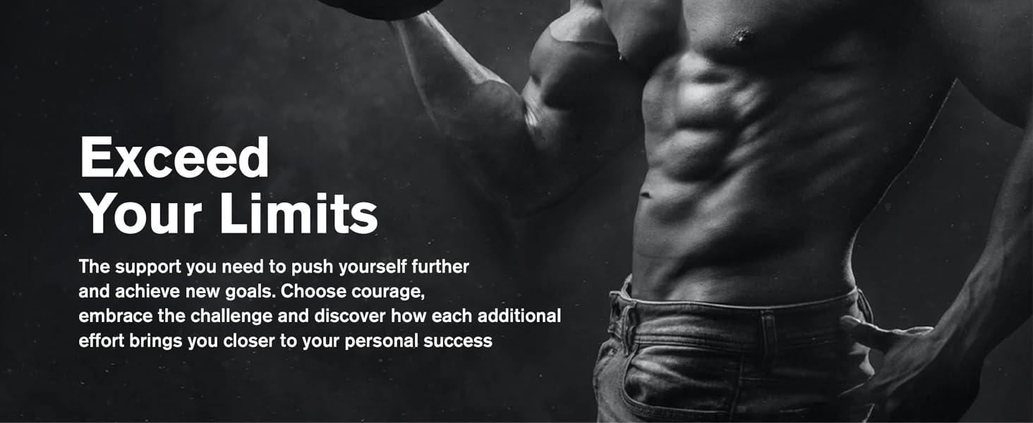 Black and white image of muscular torso and arm. Text 'Exceed Your Limits' with motivational message about pushing yourself further and achieving goals.