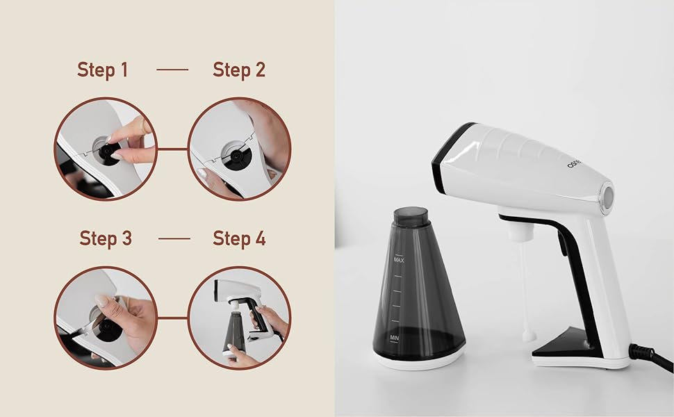 Large 280 ml water reservoir with safety lock. Large reservoir opening for easy refill.