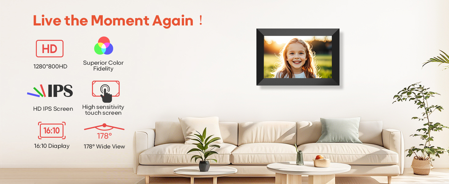 Smart digital frame with WiFi and cloud storage, allowing family photo updates from anywhere, ideal for remote sharing