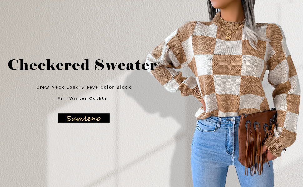 Women's Color Block Checkered Crew Neck Long Sleeve Y2K