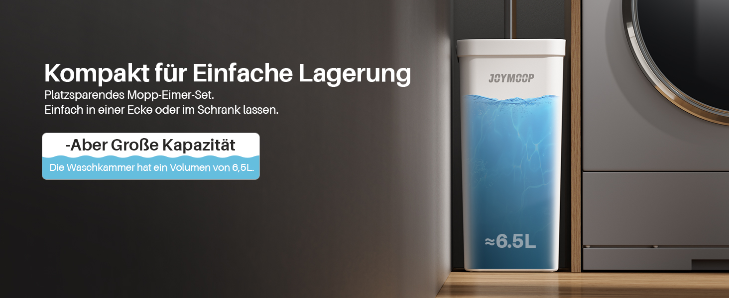 Teilansicht des Geräts mit sichtbarem Text 'Kompakt für Einfache Lagerung' und '+6,5L'. Blau-weißes Farbschema.