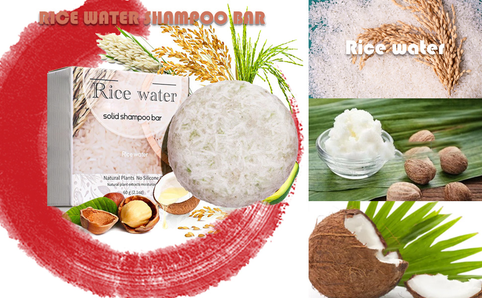 Barra de xampu para cabelo com água de arroz, sabonete de xampu de limpeza com controle de óleo para todos os tipos de cabelo