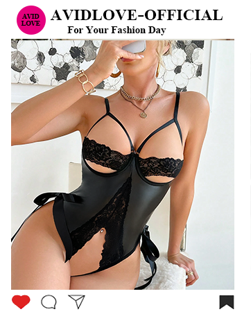 Music Festival Sweet Sexy PU Lace Patchwork Tie Up Bowknot Open Crotch Sexy Bodysuits Bowknot
