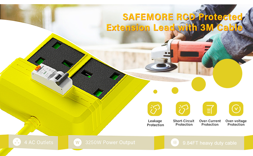4 Gang Heavy Duty RCD Extension Lead with RCBO Circuit Breaker, SAFEMORE 13 Amp GFCI Protected