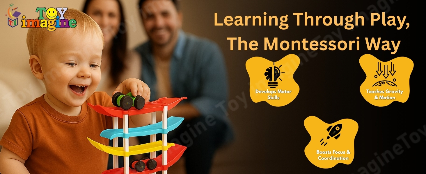 Mini cars racing down bright ramps for active toddler play